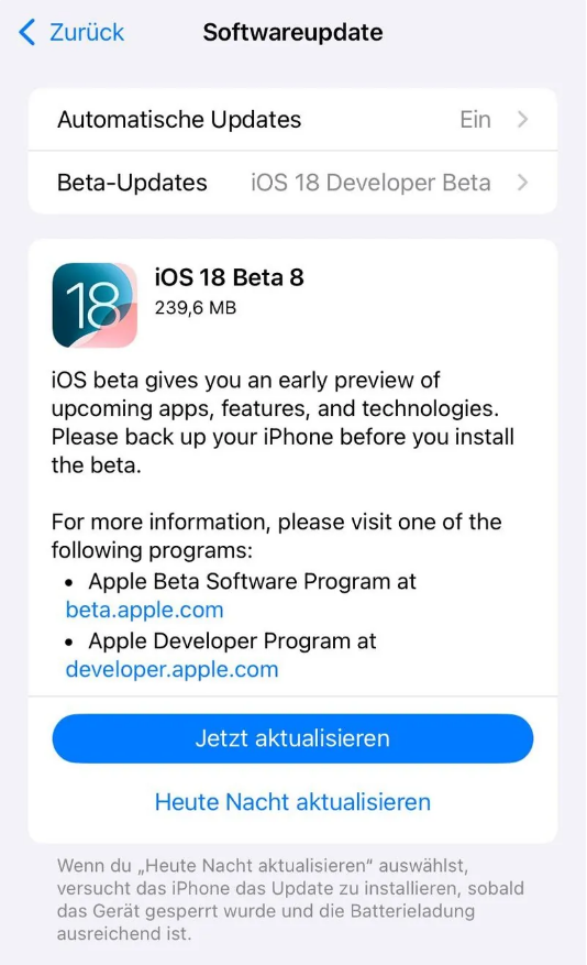 太子河苹果手机维修分享苹果 iOS / iPadOS 18 开发者预览版 Beta 8 发布 